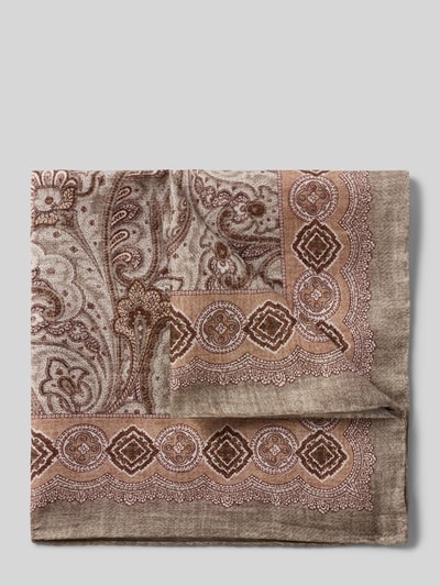 Productfoto, rechthoekig pochet van Verugia, mix van katoen en zijde, model 'Paisley', all-over paisleyprint in bruin- en beigetinten