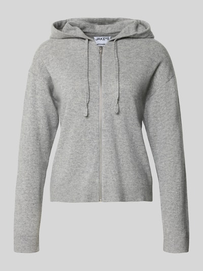 Produktfoto, graue Regular Fit Strickjacke aus reinem Kaschmir von Jake*s Casual, glatte Textur, sichtbare Kapuze und Reißverschluss.