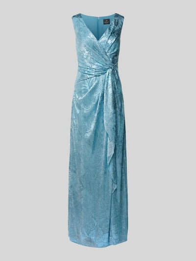 Produktfoto, Abendkleid mit Knoten-Detail und V-Ausschnitt von Adrianna Papell in A-Linie, Maxikleid, glänzende blaue Textur, Vorderansicht