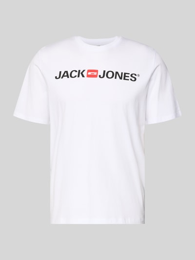 Produktfoto, T-Shirt mit Label-Print Modell 'CORP' von JACK & JONES im unifarbenen Design aus Bio-Baumwoll-Mix mit Viskose-Anteil, gerader Schnitt, Rundhalsausschnitt, Rückenlänge bei Größe M 72 cm.