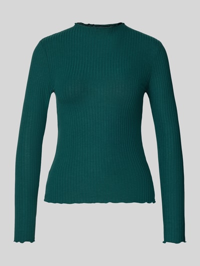 Produktfoto, zielona prążkowana bluzka z długim rękawem o prostym kroju, wykończenie falowane, Slim Fit Langarmshirt mit Viskose-Anteil Modell 'EMMA' von ONLY, damska bluzka z długim rękawem