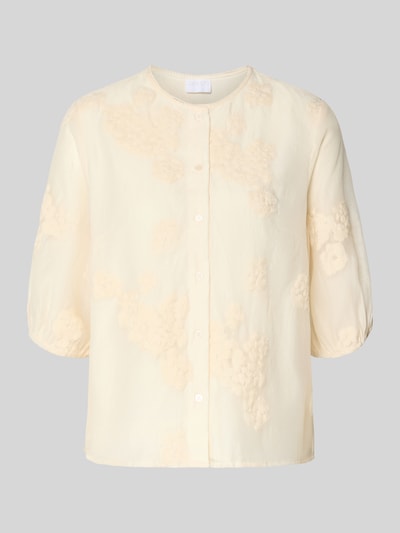 Produktfoto, Regular Fit Bluse mit floralem Zierbesatz von Jake*s Collection, hellgelber Baumwoll-Mix, Halbarm, strukturierte Oberfläche, Rundhalsausschnitt mit Bordüre, durchgehende Knopfleiste, elastische Ärmelabschlüsse, florale Texturen, schlicht vor grauem Hintergrund.