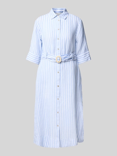 Productfoto, 'Hemdblusenkleid aus Leinen mit Gürtel' van Christian Berg Woman, lichtblauw-wit gestreept, puur linnen, getailleerde fit, midi met overhemdkraag, knoopsluiting, riem, ruglengte 118 cm, borstwijdte 45 cm, mouwlengte 35 cm