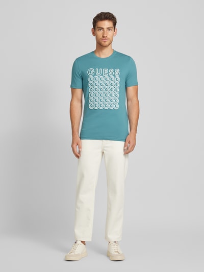 Guess T-shirt met labelprint, model 'CHAIN' Aquablauw - 1