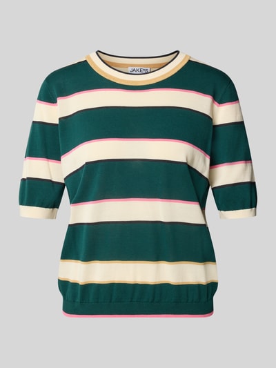 Produktfoto, Slim Fit Pullover aus reiner Baumwolle von Jake*s Casual, grün-cremefarbene Streifen, glatte Struktur, kurze Ärmel