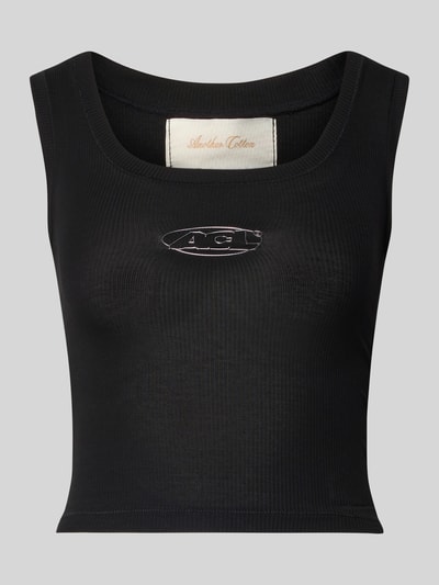 Produktfoto, Slim Fit Top mit Logo-Print von ANOTHER COTTON LAB aus elastischem Baumwoll-Mix, Schwarz, feine Rippstruktur, Rundhalsausschnitt
