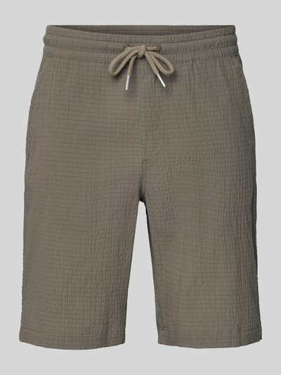 Produktfoto, Shorts mit elastischem Bund und Strukturmuster von Lindbergh aus Baumwoll-Mix mit Stretch-Anteil, Loose-Fit, Kordelzug, seitliche Eingrifftaschen, Bundweite 42 cm, Innenbeinlänge 25 cm, einfarbig in gedecktem Braun, sichtbare Textur.