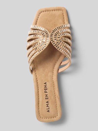 Produktfoto, Sandalette mit Ziersteinbesatz von Alma en Pena, beige, glatte Sohle, flacher Absatz, Schlupfform, goldene Dekorelemente