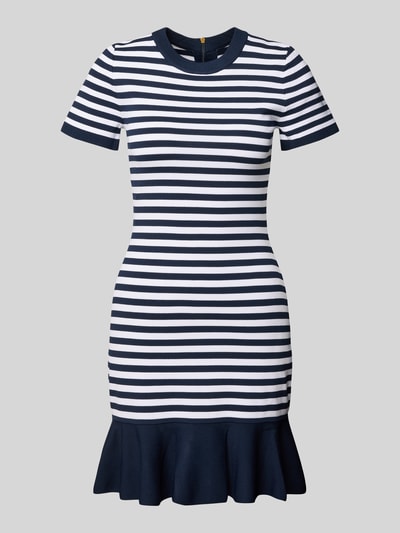 Produktfoto, T-Shirt-Kleid aus Viskose-Mix mit Rundhalsausschnitt von MICHAEL Michael Kors, Querstreifen in Dunkelblau-Weiß, Minikleid, körpernaher Schnitt, ausgestellter Rocksaum, glatte Textur, Rückseitiger Reißverschluss, Stretch-Anteil, kurze Ärmel
