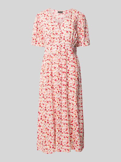 Produktfoto, A-Linien Midikleid aus reiner Viskose Modell 'TALA' von Pieces, Optik:Allover-Muster, A-Linie, Midi, V-Ausschnitt, Gummizug, kurze Knopfleiste, Kurzarm, gerader Saum, Material: reine Viskose, Farbmix aus Creme und Rosa, feine Stoffstruktur