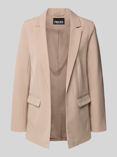 Produktfoto, Blazer mit Reverskragen Modell 'Bossy' von PIECES in Beige, Materialmischung mit Stretch-Anteil, lockerer Schnitt, Pattentaschen, leichtes Futter, Rückenlänge 70 cm, Schulterbreite 42 cm, Ärmellänge 61 cm