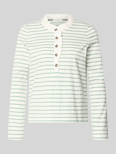Produktfoto, Longsleeve mit Knopfleiste und Rüschen von Christian Berg Woman aus reiner Baumwolle, grün-weiß gestreift, Regular Fit, Stehkragen
