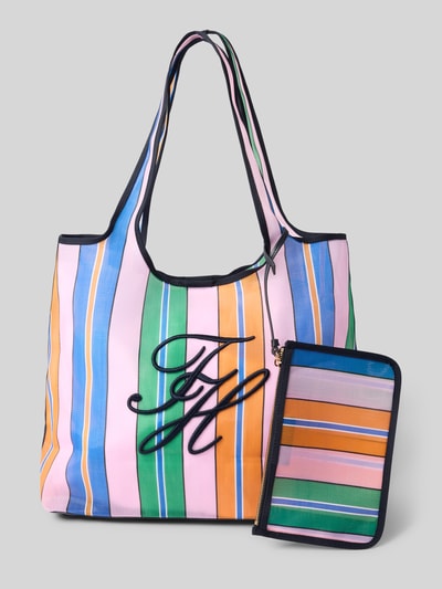 Produktfoto, strandtas met passend etui van Tommy Hilfiger, gestreept all-over motief, magneetsluiting, mesh materiaalverwerking