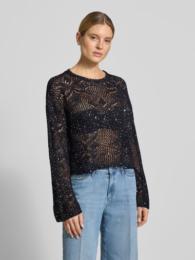 VERO MODA Sweter z dzianiny o kroju relaxed fit z cekinami model 'LEILANI FLOWERS' Czarny 4