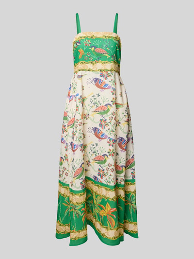 Produktfoto, Midikleid im Allover-Look von Apricot mit grünem und cremefarbenem A-Linien-Design, verstellbare Träger, Smok-Details