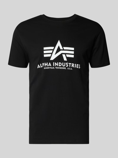 Produktfoto, schwarzes T-Shirt mit weißem Logo-Print, Rundhalsausschnitt, Herren T-Shirt mit Regular-Fit aus Reine Baumwolle von Alpha Industries