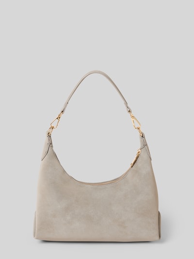 Produktfoto, Shoulder Bag in Leder-Optik Modell 'Rena' von Seidenfelt in hellem Beige, goldfarbene Details, glatte Oberfläche, Hauptfach mit Reißverschluss, Logo-Detail, abnehmbare Schulterriemen, Maße: 28x24x10 cm, Länge Schulterriemen 58 cm