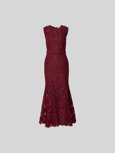 Produktfoto, Maxikleid aus floraler Spitze van Self-Portrait in bordeauxrood, elastische materiaalmix, slim fit, bloemenkant, afneembare tailleband, mouwloos design, totale lengte maat S 137 cm, borstwijdte 40 cm, taillewijdte 34 cm