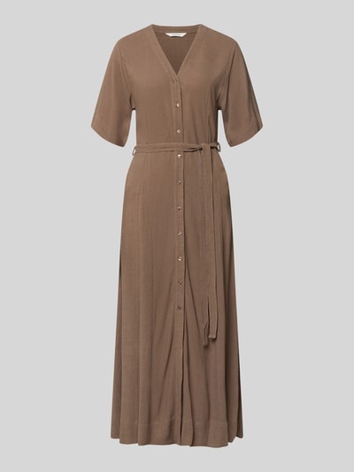Produktfoto, Regular Fit Leinenkleid mit V-Ausschnitt Modell 'VIVA' von Selected Femme, brązowy, maxi długość, pasek, tkanina wiskozowo-lniana
