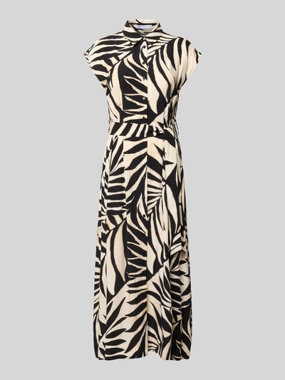 Produktfoto, Hemdblusenkleid aus Viskose mit Bindegürtel Modell 'APPLE' von Mango, Taillierter Schnitt, Midikleid mit schwarzem und beigem Blättermuster, Hemdblusenkragen, Knopfleiste, Kappärmel, Reine Viskose, Rückenlänge 126 cm, Brustweite 44 cm.