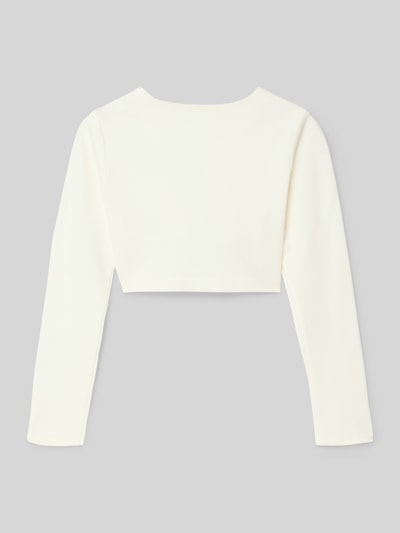 Produktfoto, cremeweißer Bolero mit Knopfverschluss von Une Hautre Couture, Regular Fit, lange Ärmel, Rückansicht, glatte Textur