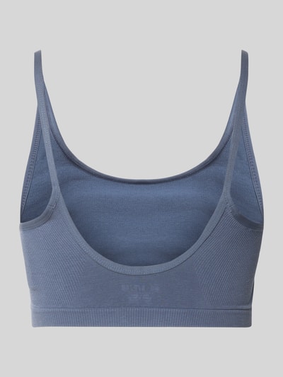 Produktfoto, Sport-BH aus Baumwoll-Mix von Under Armour in einfarbigem Blau mit glattem, weichem Stoff und gerippten Strukturen. Damen Sport-BH von Under Armour