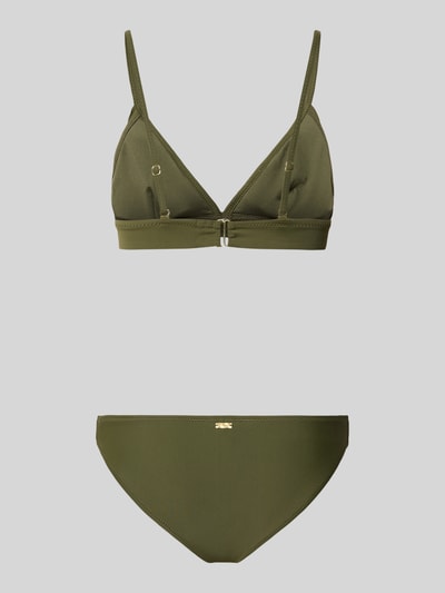 Produktfoto, Bikini mit Volants Modell 'BEAU' von Shiwi in Oliv mit glatter Textur, Material-Mix mit Stretch-Anteil, Körpernahe Passform
