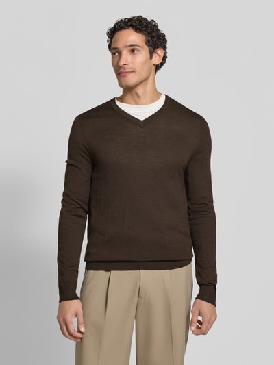 Christian Berg Men Strickpullover aus Woll-Mix mit V-Ausschnitt Dunkelbraun Melange 4
