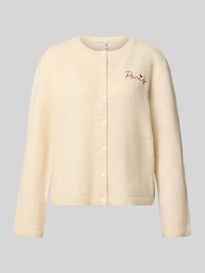 Produktfoto, cremefarbene Regular Fit Strickjacke mit Rundhalsausschnitt Modell 'EVIA' von ONLY, Damen Strickjacke von ONLY, glatte Struktur