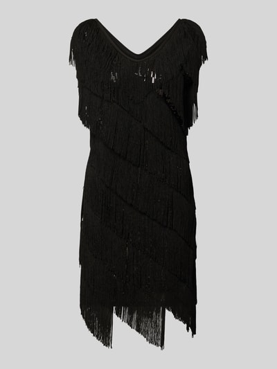 Produktfoto, Minikleid mit Fransenbesatz von Apricot in Schwarz, V-Ausschnitt, Pailletten, ärmellos, körpernahe Passform, strukturierte Oberfläche