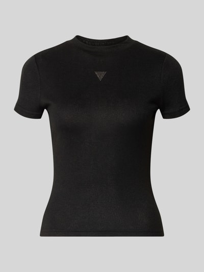 Produktfoto, Strickshirt aus Viskose-Mix Modell 'LICIA' von GUESS, czarny kolor, krój slim fit, logo z ozdobnych kamieni, okrągły dekolt, długość tyłu w rozmiarze S: 52 cm