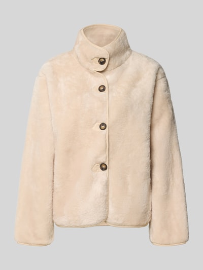 Produktfoto, cremefarbene Jacke aus Kunstfell mit Stehkragen und Knopfleiste, Modell 'ELITE' von SUNCOO PARIS, Regular Fit, weiche Oberfläche