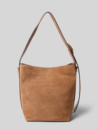Productfoto, Handtasche aus leer met labelapplicatie Model 'NOLITA' van MICHAEL Michael Kors, Hoofdvak met magneetsluiting, schouderband, Breedte maat 1: 35 cm, Lengte maat 1: 33 cm, Diepte maat 1: 17 cm, bandlengte maat 1: 72 cm, effen lichtbruine kleur, zachte suède textuur, eenvoudige rechthoekige vorm