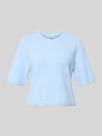 Produktfoto, Boxy Fit T-Shirt aus Rippstrick mit Woll-Anteil Modell 'SILLY' von Pieces, hellblau, unifarben, Rundhals, kurzarm, feine Rippenstruktur