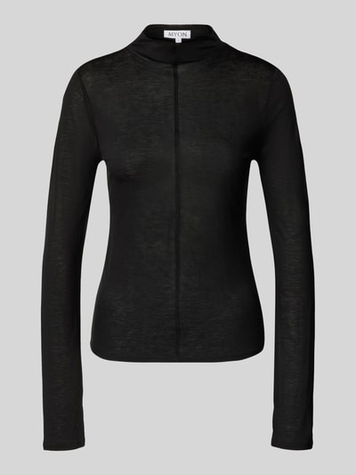 Produktfoto, Longsleeve in semi-transparenter Optik von MYON in Schwarz, Lyocell-Mix mit Woll-Anteil, eng anliegend, Ziernaht, Rollkragen