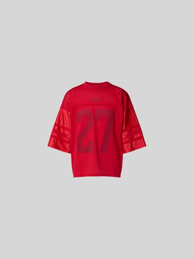 Produktfoto, Relaxed Fit T-Shirt mit 3/4-Ärmel von RHUDE in Rot mit Statement-Print, Satinärmeln und Mesh-Rücken, Rückenansicht.