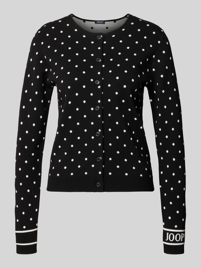 Produktfoto, schwarzer Regular Fit Cardigan aus Viskose-Mix Modell 'Karli' von JOOP! mit weißen Punkten, Rundhalsausschnitt, Strick-Optik, durchgängiger Knopfleiste und Logo-Stitching