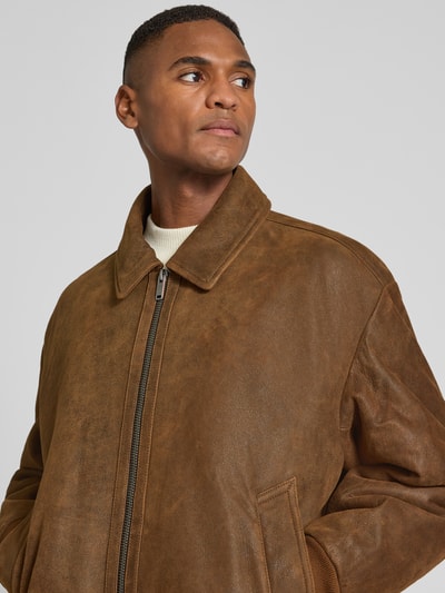 BOSS Orange Regular fit leren jack met afneembare kraag van lamsvacht, model 'JONIER' Chocoladebruin - 3