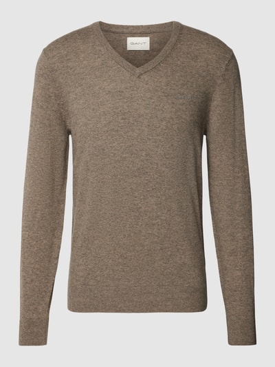 Gant Gebreide pullover van lamswolmix met V-hals Lichtbruin gemêleerd - 2