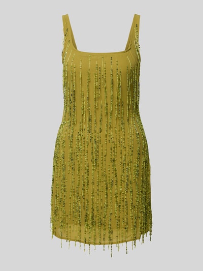 Produktfoto, Minikleid mit Fransen Modell 'ELLEN' von Topshop, Figurbetont, Karree-Ausschnitt, limettengrün, glatte Textur, Größe 36.