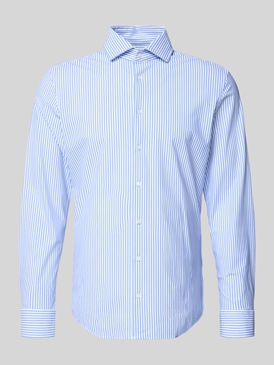 Produktfoto, Slim Fit Business-Hemd mit Haifischkragen von SEIDENSTICKER, blau-weiß gestreift, Material-Mix mit Stretch-Anteil, Allover-Look