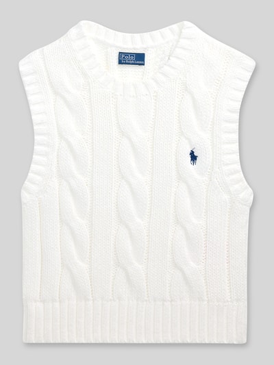 Produktfoto, Bezrękawnik z wyhaftowanym logo Pullunder mit Label-Stitching von Polo Ralph Lauren, bawełna, krój regular fit, prążkowane wykończenia, okrągły dekolt, długość tyłu w rozmiarze S: 48 cm, faktura warkoczowy splot, kolor biały