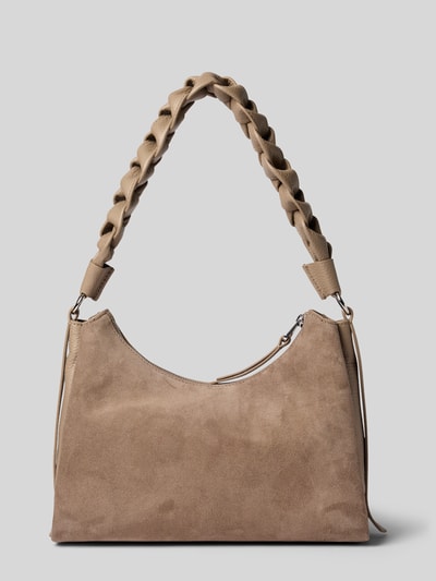 Produktfoto, Handtasche mit Logo-Detail Modell 'Boheme' von Coccinelle in Beige, Wildleder-Optik, Trageriemen in Flecht-Optik, geteiltes Hauptfach mit Reißverschluss, Maße 28x22x11 cm, Schulterriemen 54 cm.