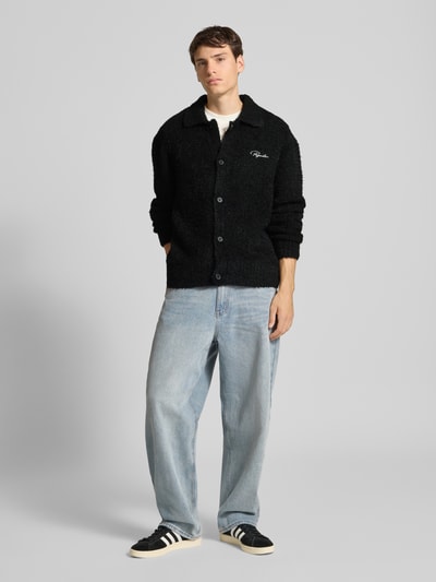 Pegador Cardigan van effectgaren met labelstitching Zwart - 1