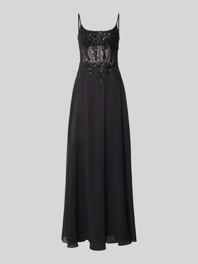 Produktfoto, Abendkleid mit Pailettenbesatz von Mascara, schwarz, florales Design, taillierte Passform, semitransparent, Spaghettiträger