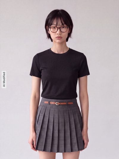 Frauenmodel trägt Slim Fit T-Shirt aus Baumwoll-Mix Modell 'RILEY' von ONLY in Schwarz zu grauem Faltenrock, Ganzkörperansicht von vorne, KI-modifiziertes Bild.