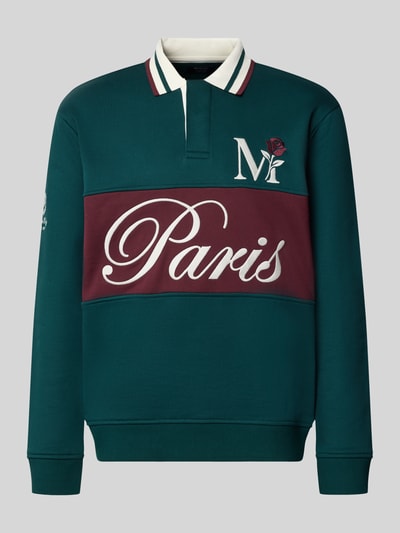Produktfoto, Sweatshirt mit Polokragen von MCNEAL, reine Baumwolle, Regular Fit, bordeauxfarbener Streifen, weiße Stickereien, dezente Textur
