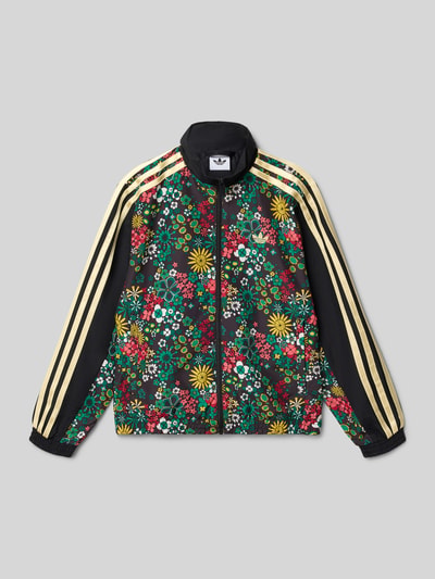 Produktfoto, Regular Fit Sweatjacke mit Reißverschluss von adidas Originals, look: all-over bloemenmotief, logodetail, opstaande kraag, lange mouw, rompzoom, steekzakken, materiaalverwerking: sweat, kleurenmix van zwart, geel, rood en groen, floral patroon