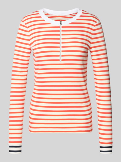Produktfoto, Longsleeve mit Rundhalsausschnitt und Reißverschluss von Marc Cain, Damen Longsleeve aus Baumwoll-Elasthan-Mix, Regular-Fit, orange-weiß gestreift, 57 cm Rückenlänge bei Größe 36, glatte Textur