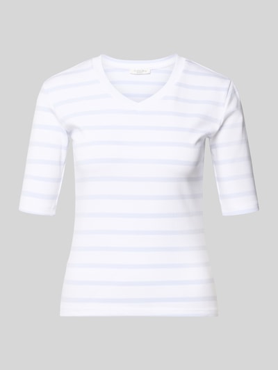 Produktfoto, T-shirt mit Streifenmuster und V-Ausschnitt von Christian Berg Woman, mieszanka bawełny i elastanu, krój regular fit, wzór w paski, dekolt w serek, długość tyłu w rozmiarze S: 55 cm